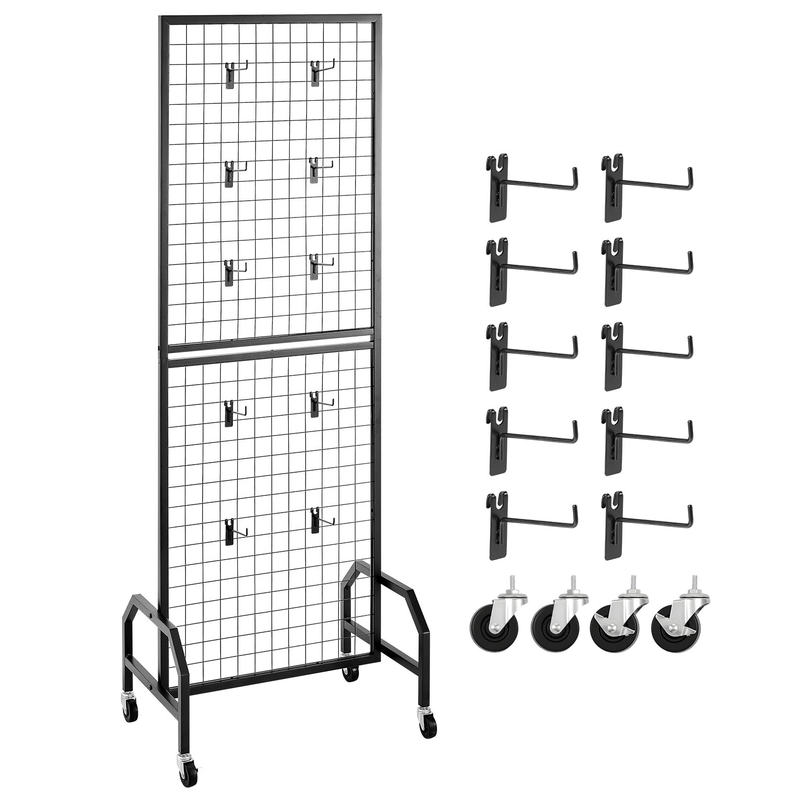 Grid Wall Panel 1.9 X 5.4 Ft Wire Display Rack With Wheels And 10 Hooks_voghion.com
